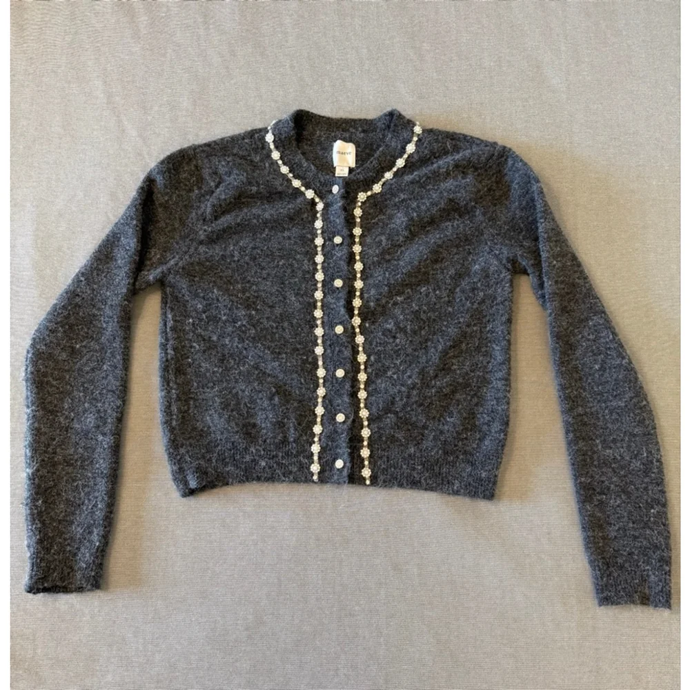 Maeve by Anthropologie embellished crew-neck cardigan sweater gray XS